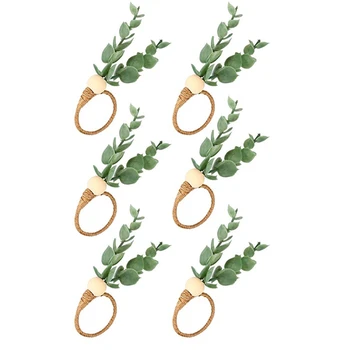 6 יח 'אקליפטוס טבעות מפיות עץ בעבודת יד חרוזים עיצוב הבית המזויף צמחייה מחזיקי מפיות עבור חתונות,מסיבה,וכו' עמיד