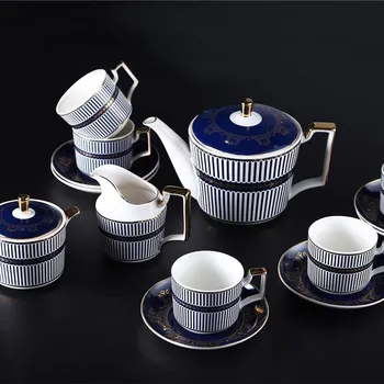 פסים כחולים עיטורי זהב עצם סין נורדי קומקום סט קרמיקה כוס קפה להגדיר 15pcs coffeeware סטים עם צלוחית חלב בסיר giftbox