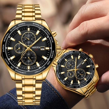 שעון חדש לגברים NIBOSI יוקרה נירוסטה הכרונוגרף ספורט שעון יד גברים, עסקים זוהר זכר שעון Relogio Masculino