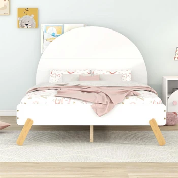 עץ חמוד פלטפורמה מיטה עם ראש המיטה מעוגל ,גודל מלא למיטה עם מדף מאחורי המיטה,לבן