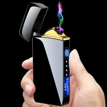 מתכת חמה חיצונית Windproof כפול קשת פלזמה נטענת USB Flameless מצית תצוגת LED חיישן מגע יוצא דופן מתנות לגברים