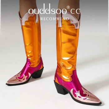 דיסקים מתכתיים עור נשים מגפי בוקרים המגפיים מתכת צבעוניים בוקרת המערבי עגל אמצע מגפי אישה נעלי בציר בתוספת גודל