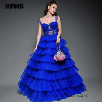 SUMNUS כחול מלכותי רשמי קו שמלות ערב מתוק פרע אורך רצפת שמלת נשף שכבתי הנסיכה קוקטייל שמלות לנשף