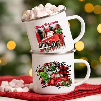 משאית עץ חג המולד מודפס ספלי קפה אמייל לבן לשתות ספל להתמודד עם בירה כוסות מסיבת שולחן קישוט מתנות עבור בני משפחה חברים