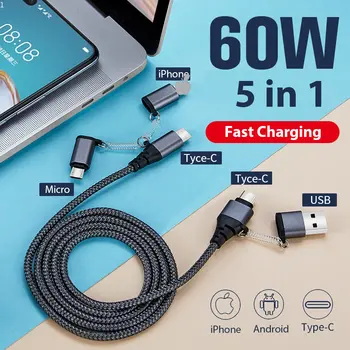 2m 5 in 1 USB C ל-USB Type-C עבור Samsung S20 משטרת 60W כבלים עבור Huawei Xiaomi 14Plus טעינה מהירה 3.0 USB-C מהירות טעינת USB כבל