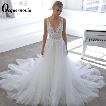 Osquernovia קלאסי שמלת החתונה 2023 ללא שרוולים עם צווארון וי אפליקציות טול מחשוף גב א-קו רכבת בית משפט Abito דה Sposa בהזמנה אישית