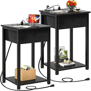 Ecoprsio השידה סט של 2 עם טעינה, שחור השולחן, שולחן צד עם יציאות USB, עץ לילה, שחור