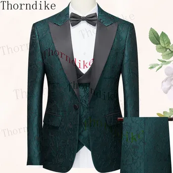 תורנדייק אופנה קלאסי חליפות גברים בלייזר ירוק ויפה טוקסידו 3 יח ' רשמית מסיבת תחפושות Homme Slim Fit （'קט+מכנסיים+אפוד）