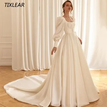 Tixlear פשוט קו שמלת צוואר מרובע ארוך פאף שרוולים תחרה ללא משענת שמלת כלה באורך רצפת Vestidos דה Noiva