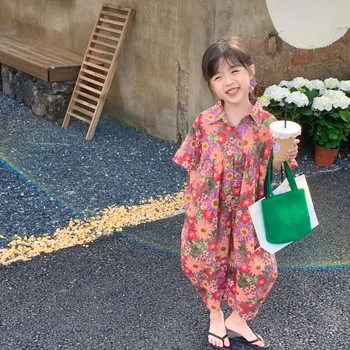 2023 בנות קיץ סגנון קוריאני פרחים גדולים אוברול לתינוקת חופשי דק סגנון שרוול קצר סרבל