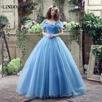 לינדו NOIVA כחול את הכתף זמן נשף מסיבת ערב שמלת 2023 הסרט החדש נסיכת סינדרלה Cosplay אורגנזה שמלת נשף