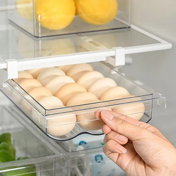 ברור מיכל ביצה על המקרר מגירת ארגונית מקרר ארגזי אחסון להוציא עם ידית מטבח מדף בעל תיבת אחסון