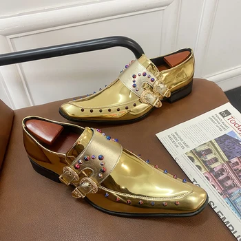 ניו כפול זהב אבזם החתונה גברים נעלי נעלי מסמרת לנשימה אופנה בעבודת יד עסקי גברים נעלי משלוח חינם גודל 35-46
