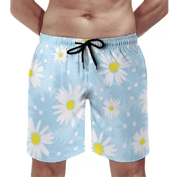לבן חרציות לוח מכנסיים קצרים פרחים אמנות חמודים הוואי חוף מכנסי גברים עיצוב ספורט גלישה מהירה יבש בגד ים מתנת יום הולדת.