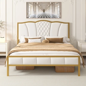 מיטת קווין סייז מסגרת מודרנית מסגרת מיטה עם המיטה המצויץ, זהב מתכת פלטפורמה למיטה מסגרת עץ עם מיגון תמיכה