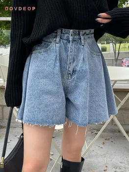 Dovdeop מכנסי ג 'ינס נשים קיץ 2023 גבוהה המותניים רחבים רחב הרגל הזיקוק קצר ג' ינס מקרית וינטאג 'בסגנון קוריאני Y2k מכנסי ג' ינס קצרים