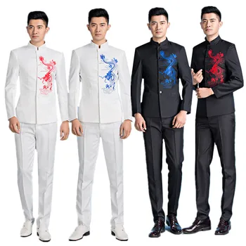 אנשים חדשים רקום חליפה 2 חלקים שחור / אדום / כחול רויאל אופנה גברים מסיבת חתונה ביצועים השמלה מעיל מכנסיים