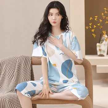 פיג ' מה נשים של קיץ, שרוול קצר Capris הגירסה הקוריאנית מזדמנים חמוד מתוק 2-Piece סט דק הלבשה עליונה גדול Homewear להגדיר