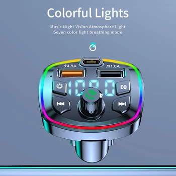 רכב Bluetooth נגן MP3 Dual USB מטען מהיר ללא ידיים לקול מדבר על משדר FM עם תאורת LED אחורית הסביבה אורות