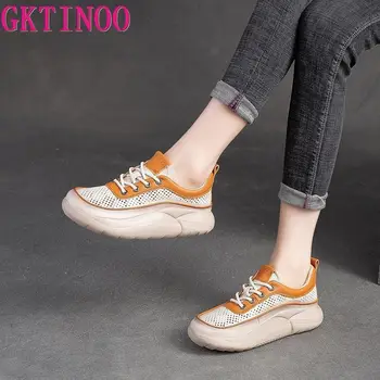 GKTINOO חלולים סנדלי נשים נעלי ספורט אמיתיים נעלי עור עבה עם סוליות 2023 חדש בעבודת יד נוח רטרו פלטפורמה נעלי ספורט