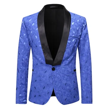 Mens כחול רויאל פרחוני מעיל ז ' קט מסוגנן כפתור אחד צעיף צווארון טוקסידו בלייזר גברים ערב מסיבת נשף חתונה, תלבושות