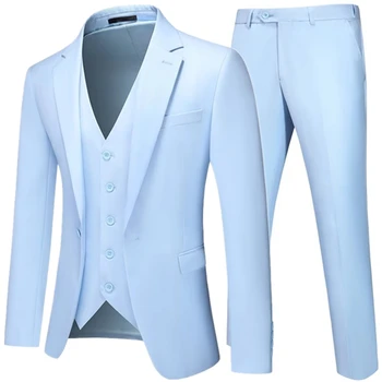 2023 האופנה החדשה של הגברים פנאי בוטיק עסקי מוצק צבע Slim Fit החליפה בלייזרס אפוד מכנסיים 3 יח 'סט שמלת ז' קט מכנסיים