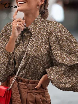 Celmia נשים 2023 סתיו פרחוני הדפסה חולצות אלגנטיות פנס שרוול Chemise אופנה ליידי משרד הצווארון להנמיך מקסימום הכפתור העליון.