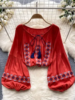 נשים הסתיו וינטג 'בסגנון אתני רקום פנס שרוול חולצה נשית בסגנון מערבי מתוק באגי