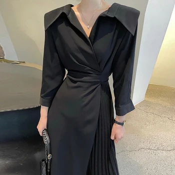 אלגנטית טמפרמנט דש חריץ נשים Vestidos פיצול עיצוב המותניים רזה שמלות 2023 סתיו קוריאנית שיק מוצק ארוך שמלה נשית