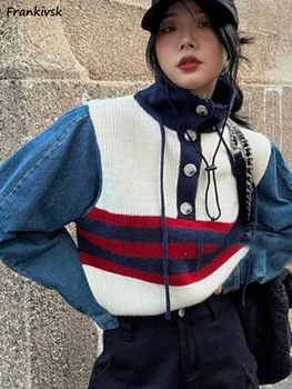 סוודרים לנשים אופנתי טלאים עיצוב סתיו נוח אלגנטי מתוק פנאי חופשי ניגודיות צבע קוריאני סגנון שיק סריגים