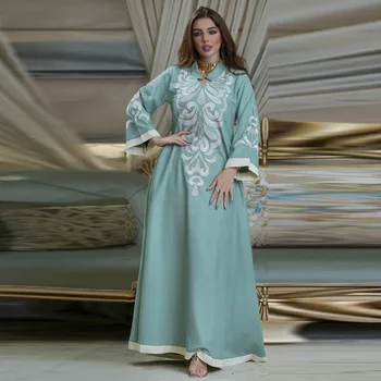 2023 Vestido מוצק Colorh כפיות לנשים דובאי טורקית האמריקאי בגדים אירופאים טלאים, רקמה השמלה המוסלמים אופנה