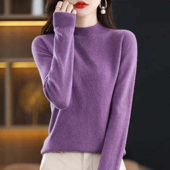 100% צמר קשמיר סוודר נשים חצי צווארון גבוה קט 2023 סתיו/חורף חדש סרגה סוודר רופף מזדמן אופנה העליונה.