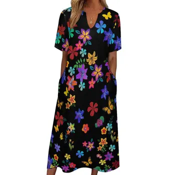 מפואר פרחוני שמלת קיץ פרחים צבעוניים אופנת רחוב מזדמן שמלות ארוכות הנשי מותאם אישית אלגנטי, שמלת מקסי גדול מידה 4XL