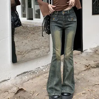 Hsa וינטג 'התלקחות' ינס נשים אופנת רחוב גבוהה המותניים שיק מזדמן Y2K מכנסי ג ' ינס הנשי קוריאני בסגנון Harajuku סלים מכנסיים 2023