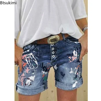 חדש 2023 נשים קיץ מכנסי ג 'ינס קצרים גבוה Waisted ג' ינס קצרים נקבה הדפסה רב-כפתור קיץ חם אופנת רחוב מכנסיים קצרים