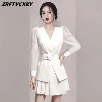 סתיו אופנה חדשה במשרד 2Pce להגדיר נשים אלגנטי V צווארון מעיל+גבוה מותן קפלים חצאית מיני קוריאנית אופנתי ליידי חצאיות חליפה