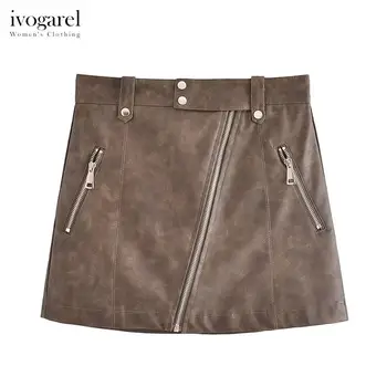 Ivogarel שטף דמוי עור רוכסן עיצבתי חצאית מיני Traf של נשים מזדמנים אופנוע שיק וסקסי חצאית קצרה