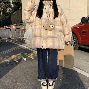 PopularPlaid קצר בסגנון והברדסים נשים פשוט מתוק Harajuku החורף בועה מעיל עם ברדס הלבשה עליונה רוכסן חם עבה מרופד