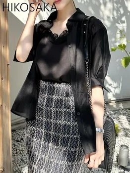 יפן סגנון אופנתי מתוק חולצה שקופה עם תחרה יחיד בעלות שרוול קצר דש חולצות מוצק אלגנטי Blusas סטים