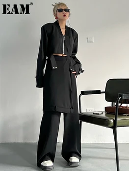 [ידה] רחב הרגל המכנסיים לא סדירה שתי חליפת חתיכה חדש דש שרוול ארוך שחור מתאים רופף נשים אופנה האביב הסתיו 2023 1DF0089