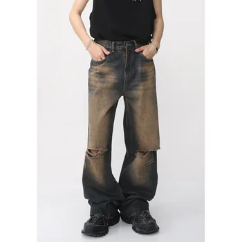 2023 הקיץ של גברים מתכת כפתור חור ג ' ינס מגמת האופנה מזדמנים מכנסיים רופפים חדש רטרו אופנת רחוב צבע כחול מכנסיים S-XL