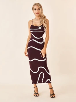 wsevypo מופשט גלי הדפסה ספגטי רצועת לסרוג שמלה ארוכה של נשים קיץ קאמי שמלה אלגנטית אופנה ללא משענת להחליק לעטוף את השמלה.