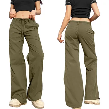 נשים רחב הרגל מכנסיים סתיו בגדים מוצק צבע כפתור סגירה פנאי בכיס המכנסיים אופנת רחוב