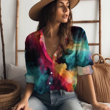 אופנה צבעוני 3D מודפס חולצת האביב והסתיו רחוב פופולרי החולצה מזדמנים עם שרוולים ארוכים Turn-למטה צווארון החולצה.