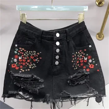בציר פרח רקום ג ' ינס חצאית נשים קיץ יחיד עם חזה חור ילדה חצאית