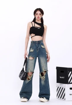 סגנון אמריקאי במצוקה ג 'ינס עם חור עבור נשים סתיו רחוב רטרו לגרור קרע במכנסיים אישה מקרית ג' ינס לנשים