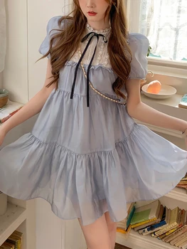 בועה שרוול יפנית Kawaii להתלבש נשים שיפון אלגנטי מסיבה מתוקה שמלת מיני תחרה נשית-אפ סיבתי פיות להתלבש 2023 הקיץ