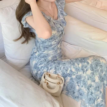 מרח פורצלן כחול, רוז אלכסוני שמלה סקסית גבוהה שיעור תשואה 2023 נשים fishtail השמלה