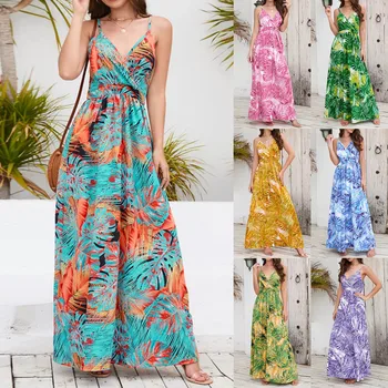 נשים סקסי ספגטי רצועת בוהמי שמלת קיץ פרחונית ליפס להדפיס שמלות ארוכות Femal Vestidos שטחי נופש חוף שמלת מקסי