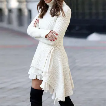 הסוודר של נשים משוחרר המותניים סוודר עם שרוולים ארוכים לבן לסרוג סוודרים 2023 סתיו החורף חדש מקרית של שמלות נשים.